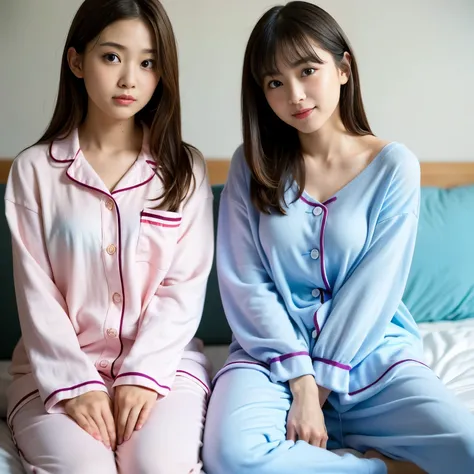 Best-quality, Masterpiece, Ultra-High-Resolution, (Photorealistic:1.5), Raw-Photo, on bed, lesbian-couple of 1-girl and 1-woman, both extremely beautiful skins, (1-girl, (15-years-old), The most famous Japanese idol, extremely beautiful short-cut-haired, e...