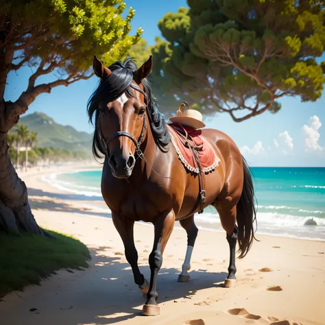 Caballo de caricatura caminando en dos patas sobre la orilla de la playa