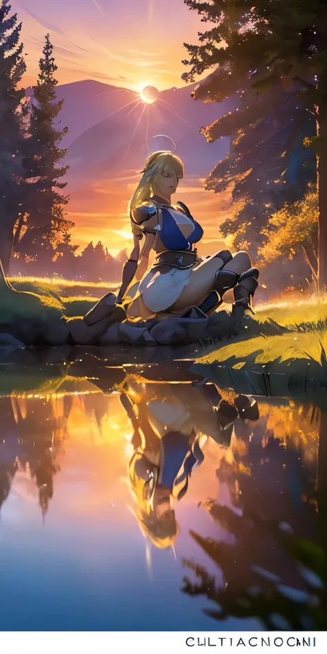 (masterpiece, best quality:1.3), Sophitia Alexandra, Soul Calibur, (cinematic angle:1.5), 28 years old, look at viewer, gold hair, braid hair, (there is a beautiful sunset with a lake and trees in the background, colorful skies, surreal colors, colorful su...