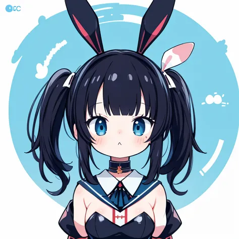 masterpiece, best quality, absurdres, illustration, black,Cyber Punk,
1 girl, playboy bunny, anime character, kawaii, cute, fuwafuwa,black hair,twin tail hair, blunt bangs,blue eyes, choker,
postcard,