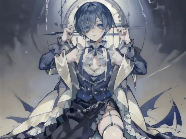 ciel phantomhive on bed sheet, masterpiece, best quality, extremely detailed, (1boy, opening his thighs wide, wearing unbuttonin...