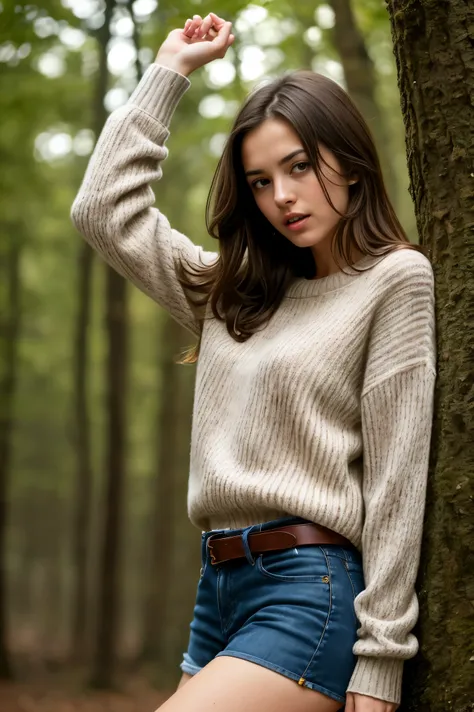 (bestquality,realistic:1.2),(brunette hair:1.1),(French:1.1),(sexy:1.1),(slim figure:1.1),(18 years old:1.1),(handcuffed:1.1),(sweater:1.1),(rolled-up sleeves:1.1),(hands up:1.1),(visible legs:1.1),(open mouth:1.1),illustration,forest,detailed eyes,detaile...