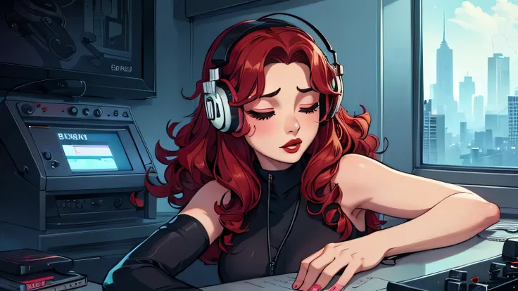 (a girl,beautiful eyes,closed eyes,longeyelashes,red lipstick,curly hair),(sensual),(headphones on),(smooth sound),(lo-fi beats:1.2),(gta style)