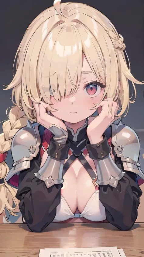 cleavage、tits、scared, organs,、hands up, elbows on table, face palm、breasts close up, blonde　((((((hair over one eye)))))), Braid Styles, spiked hair, blunt bangs, bob hair, a braid, Ahoge　red eyes, white bikini armor