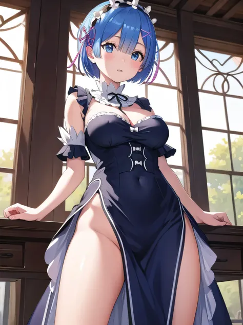 rem, blue short hair, masterpiece, highres, super detail, anatomically correct, high details, (solo). panties, standing