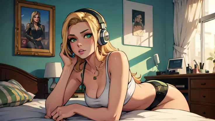 beauty woman, blonde, green eyes, headphones on, in her room, detailed, gta style