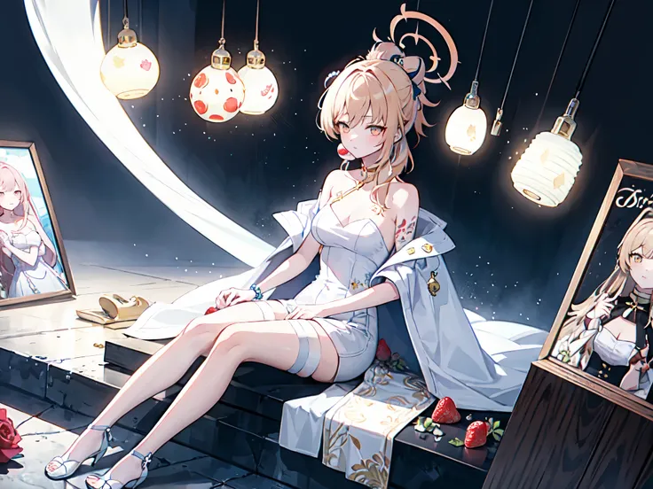 1girl, single person, Yoimiya, strawberry blonde hair, golden eyes, white prom dress, white thigh high, long hair, halo, blue archive, roses on the ground, white background, studio lighting, poster, elegance, sitting post, photoshoot