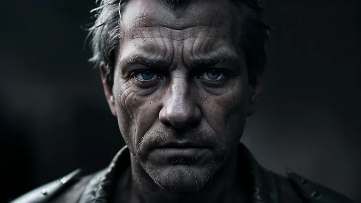 (sharp focus:1.2), an award winning photo of an sad man peasant, lightning back lighting, , lines on face, wrinkles, extremely detailed skin, sadness, hopelessness ,cloudy eyes, (deep shadows:1.1), high contrast, beautiful eyes, absurdres, 8k, (high qualit...