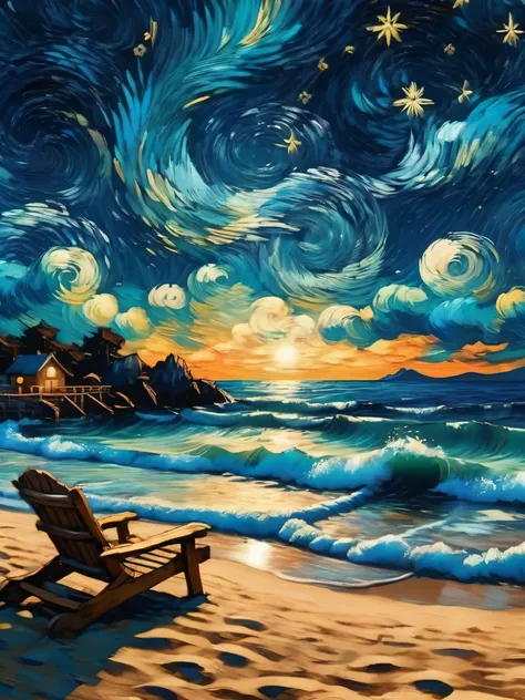 dreamy anime scenery, starry night at the beach vincent van gogh style