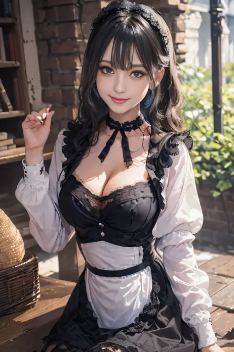 ((highest quality, 8K, Representative works in detail, ultra high resolution)), (looking at the viewer), (middle shot), attractive woman, ((big breasts)), white collared shirt, smile, ((black choker)), slim body shape, (big breasts, Blue colored contacts),...