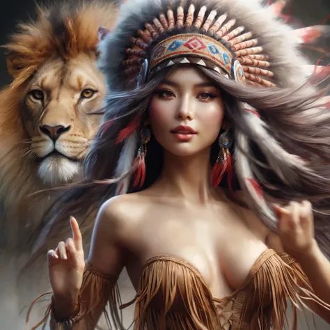 arafed woman in native dress with lion in background, karol bak uhd, lion warrior, beautiful digital artwork, amazing fantasy art, : native american shamen fantasy, gorgeous goddess of leo, a beautiful woman warrior, warrior woman, amano and karol bak, fan...