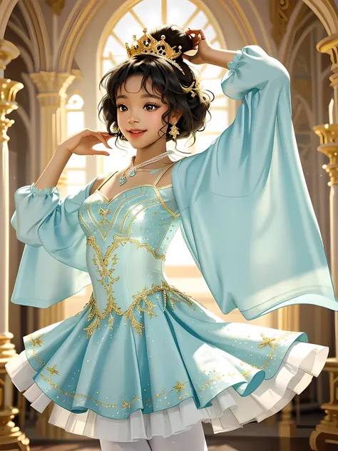 Visualize a heartwarming scene where Princess Adanna, a 5-year-old, gracefully dances ballet on a charming stage, surrounded by an enchanting atmosphere. In the soft glow of the spotlights, her tiny ballet dress delicately sways, emphasizing the innocence ...