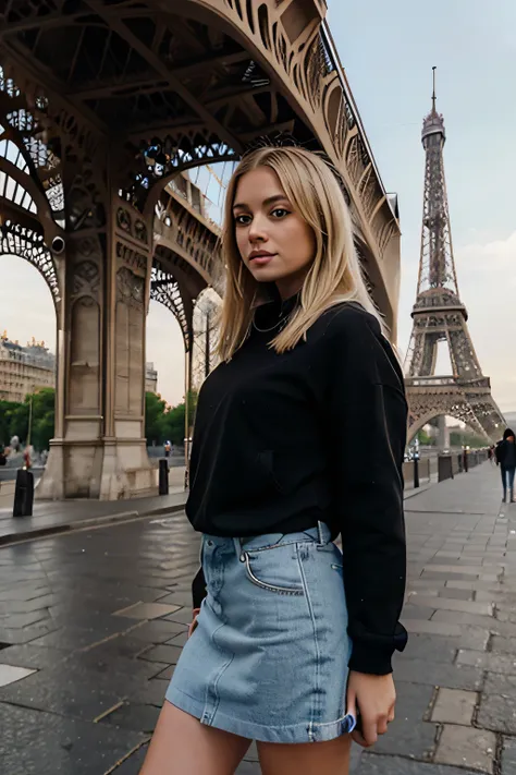 Blonde girl, dressed casually, standing in front of the Eiffel Tower, European appearance, 30 years