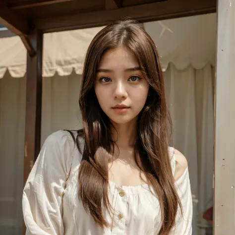 Eye color like diamond, Long straight hair soft brown, Wear vintage soft girl clothes, korean cute girl