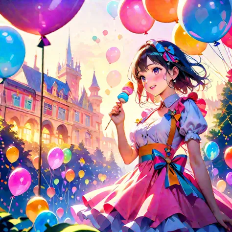 a sunset over a vibrant candyland, with colorful balloons, ice cream, and drinks 🎈🍦🍹❤(😘👩🎀👗⚜👒👡💅)🎪🎢🎡🎠. the scene is full of excite...