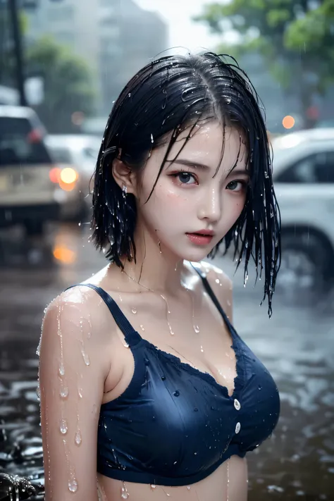 cut, big: 1.2)), (No bra) (small, beautiful and hard (thin moist buttons up to shirt length: 1.1), (dark blue  wet from rain: 1.3), (rain, street: 1.2), wet body: 1.1, Highly detailed face and skin texture, fine eyes, double eyelid, sunburned skin, sexy, s...