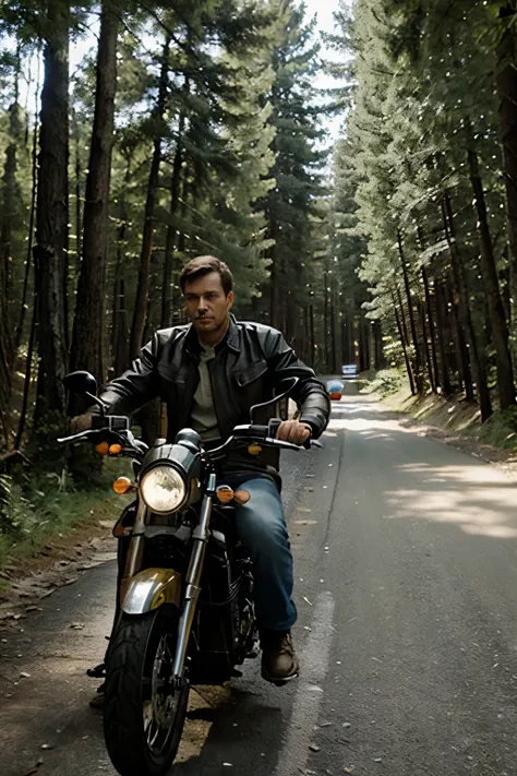 Man on motorcycle driving in the forest. As realistic quality as possible. Wie ein Foto