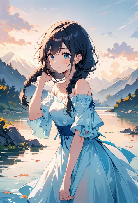 a beautiful chinese woman with long black braids, wearing an off-shoulder blue and white gradient dress, stands by the lake in s...