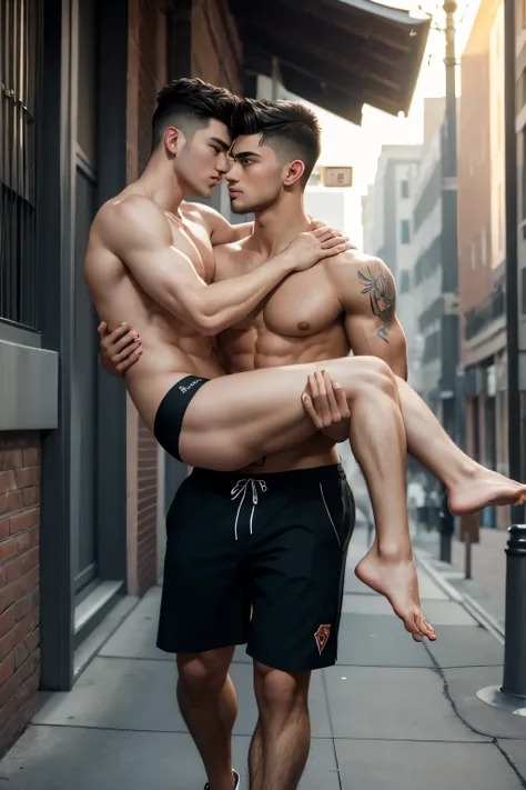 ((princess carry)), (masterpiece), best quality, expressive eyes, perfect face, full body, gay couple, beautiful face, male model guys, tattoo, shirtless, underwear, photography, short hair, hairstyle, black hair, proper outdoor lighting , kissing a fully ...