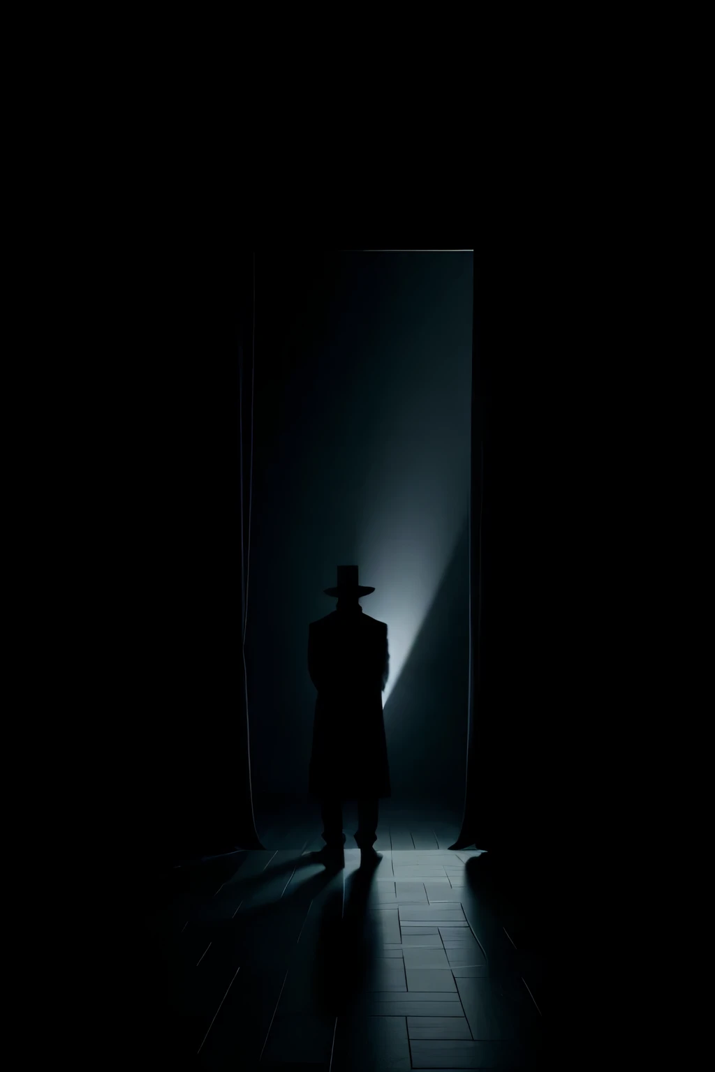 a black curtain opening with a silhouette of a magician standing in front of it, facing away from the camera, dark atmosphere