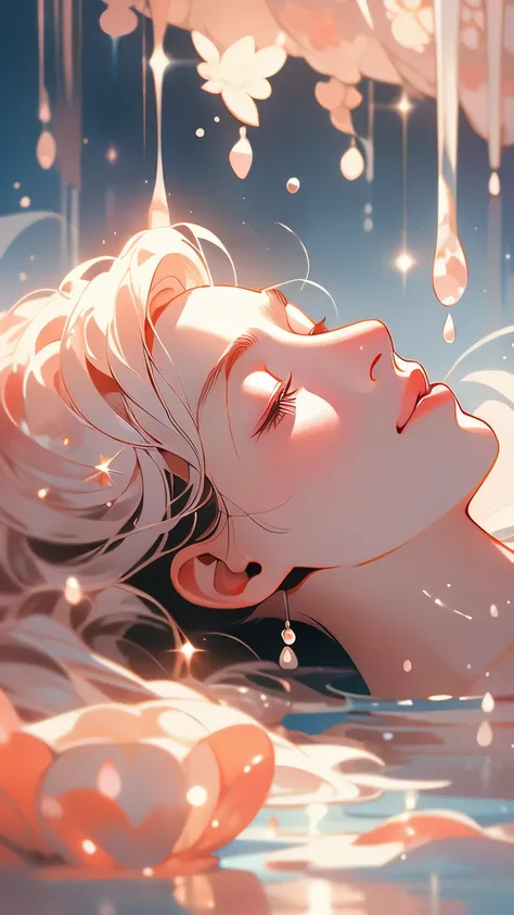 A person lying in water，With fluid abstract，Reflection and mirroring styles，Clear light pink，Clear water，White soap bubbles，Bokeh shots，Close-up from the neck up，Head close-up