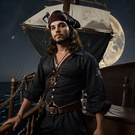 Um menino de 22 anos . He is wearing a pirate uniform  .. Ele tem cabelo loiro ondulado na altura dos ombros. . Has flawless facial skin. Ele nao&#39;TENHO BARBA. Ele tem um corpo magro . A very dark night can be seen behind him, with a sky with many stars...