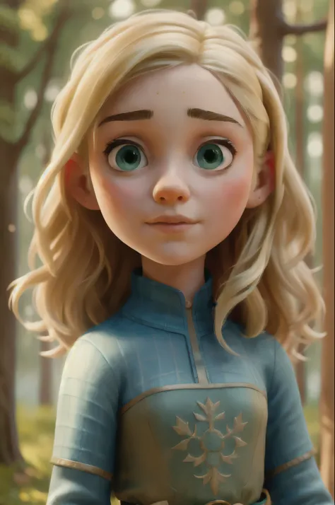 portrait painting of 1girl, face mix of Maisie Williams and Elle Fanning, elf, blonde hair, blue eyes, green dress, Upper body focus, Nordic goddess, intricate, cinematic lighting, styled hair, fantasy movie, genre fantasy, artistic cinematography, premium...