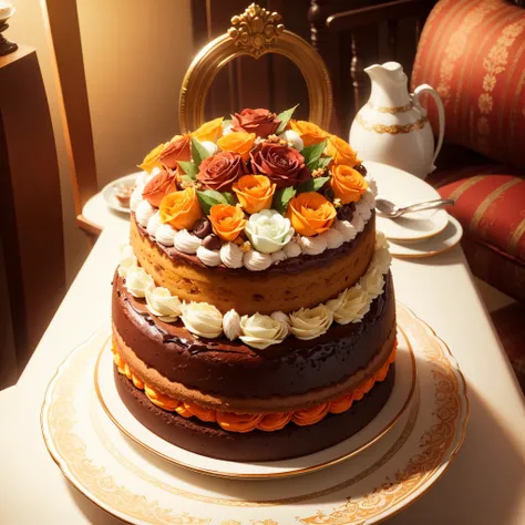 (bright colors,warm tones,high-res,ultra-realistic),orange and chocolate layered cake,delicately arranged flowers,intricate decorative details,vintage tea cup,elegant afternoon tea,heavenly cake