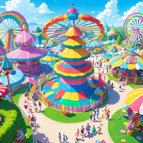 A childlike candy amusement park, colorful candy sculptures, rotating merry-go-round, childrens laughter, brilliant sunshine in every corner, 4k picture quality，Cartoon style,Childrens picture books