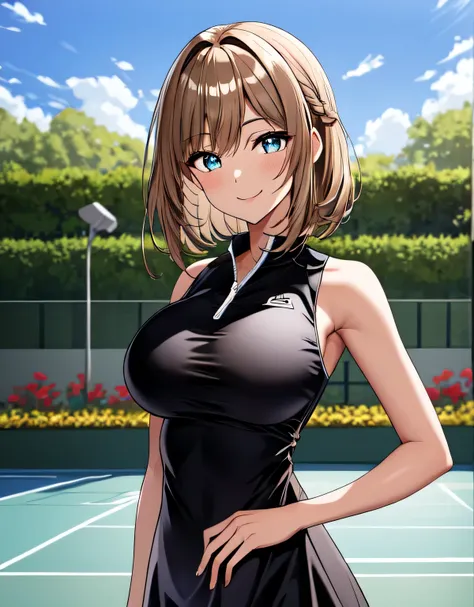 tennis dress,(shiny black tennis dress),(large breasts:1.5),(shiny hair),((solo)),((masterpiece)),((best quality)),perfect anato...