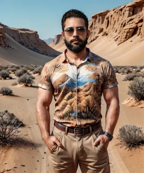 Obra maestra, desenfoque de campo, Parte superior del cuerpo, Hands in pants pockets, 38 year old man with beard and square sunglasses. Man wearing a shirt with animal designs in an action movie with a desert in the background.