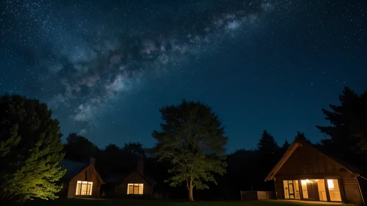 beautiful starry sky, shooting star, forest, Multiple Houses