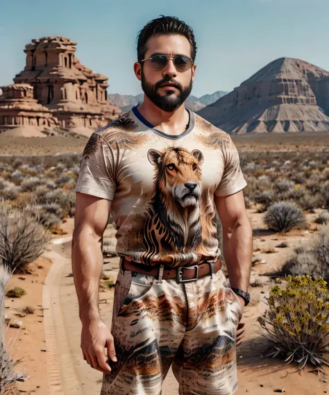 Obra maestra, desenfoque de campo, Parte superior del cuerpo, Hands in pants pockets, 38 year old man with beard and square sunglasses. Man wearing a shirt with animal designs in an action movie with a desert in the background.