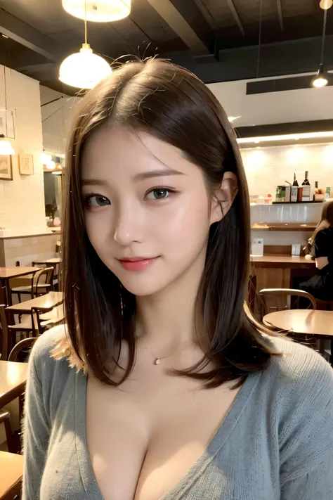 (masterpiece:1.3), (8K, Photoreal, RAW photo, best image quality: 1.4), Japanese high school girl、(random hairstyle:1.2)、cleavage:1.2、super detail face、eye for details、double eyelid、chest to chest、sharp focus:1.2、Beautiful woman:1.4、light brown hair、highes...