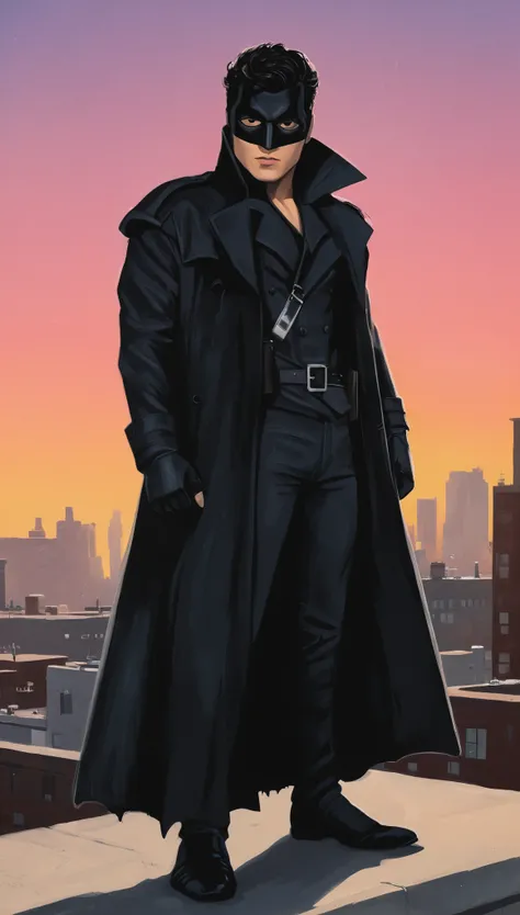 An illustrated movie poster, hand-drawn, full color, a supervillain man, 28 years-old, wearing a black trench coat and a Zorro mask, stocky, soft doughy physique, deep brown eyes, wide bulbous nose, full lips, black hair, curly hair, thick bushy eyebrows, ...