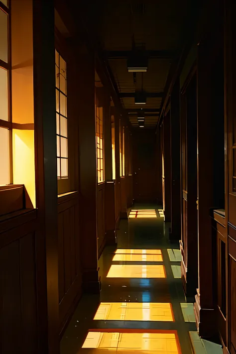 In the dimly lit Japanese school hallway, shadows danced on the tiled floor as flickering light seeped in through the windows at either end. The hallway was lined with wooden lockers, their doors slightly ajar, revealing glimpses of students belongings. At...