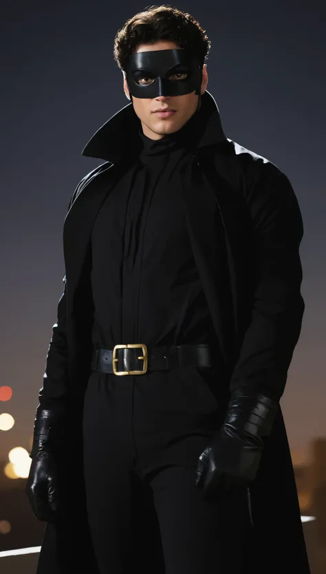 A movie poster, full color, a supervillain man, 28 years-old, wearing a black trench coat and a Zorro mask, stocky, soft doughy physique, deep brown eyes, wide bulbous nose, full lips, black hair, curly hair, thick bushy eyebrows, extremely hairy chest, st...