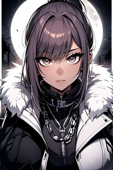 a woman, leggings, pleated skirt, sports top, high ponytail, high boots, long fur jacket, on a foggy moonlit night in a ghost town, detailed face, hyper detailed eyes, detailed lips, , with a metal chainned-colar in the neck, lineart