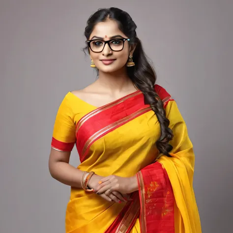 ((best quality)), ((masterpiece)), (detailed image) latine female model of age 27 wearing off shoulder sari red-yellow school teacher outfit, wearing glasses, long hair