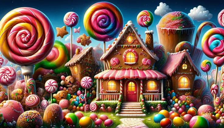 candyland: candy theme park, dreamy, fantasy, rich colors, magic, sparkling, edible, delicious, [gingerbread], [bright colors], ...