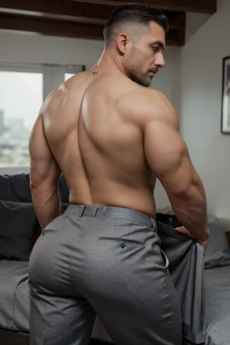 40 year old dad very nalgon, cuerpo completo, hombres musculosos、cabello corto、una barba、de primera calidad,Hiper pectorales,Usar un traje sin saco、dynamic looseness、Sharp focus on the、Grey dress pants, culo redondo backside, manly