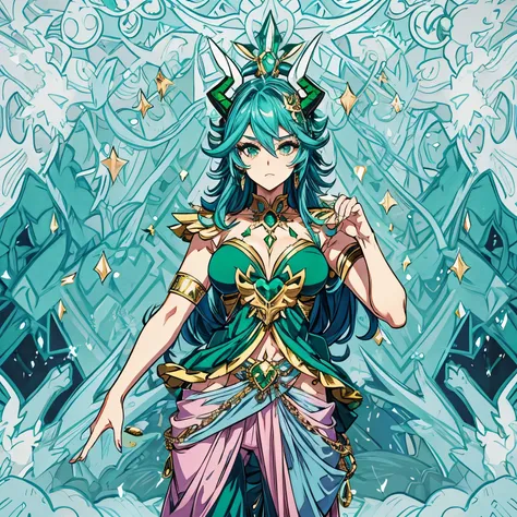 Make the image of a drag queen with blue hair and emerald green horns in the style of Boku no Hero , ela tem que ter um vestido curto e cortado no meio , pants with pink spots and gray details