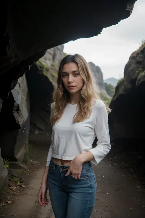 Foto einer Frau, (entspannter Gesichtsausdruck), strukturierte Haut, White Blondes Hair, Kariertes Flanellhemd mit Boyfriend-Jeans im Used-Look, dark and mysterious cave with unique rock formations and hidden wonders, perfekte Augen, (Kerzenlicht, Chiarosc...