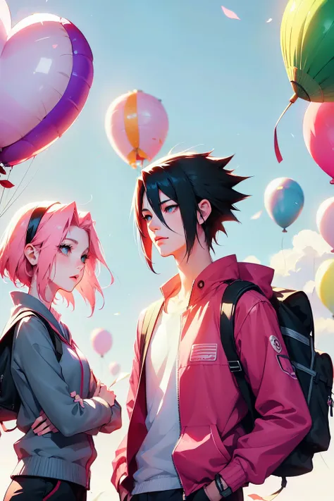 sasusaku. Sasuke Uchiha, a tall man with black hair and wearing his, is a student and has his hands in his pockets. Sakura, a thin woman with pink hair, has her hands in her pockets. best quality, adorable, ultra-detailed, illustration, complex, detailed, ...