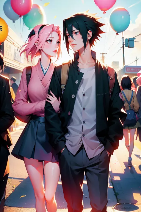 sasusaku. sasuke uchiha, a tall man with black hair and wearing his, is a student and has his hands in his pockets. sakura, a th...