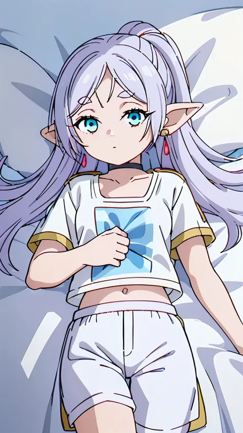 (View from above),(Fairy girl1,small fairy ear,Pale skin),(white hair, white eyes,(blue t-shirt 👕,short pants),(She is lying on one bed),detailed eyes, detailed face and body