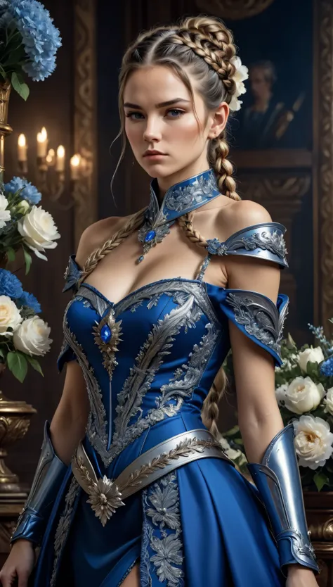 woman, serious, warrior, armour, elegant, blue dress, aristocratic, silver elements, long nails, bare shoulders, hairstyle, hair...