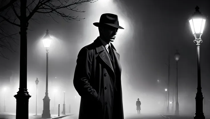 a moody, black and white scene of a hardboiled detective standing under a streetlight on a foggy night, with long shadows and st...