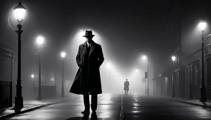 a moody, black and white scene of a hardboiled detective standing under a streetlight on a foggy night, with long shadows and st...