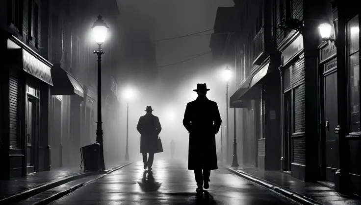 (highres,photorealistic:1.2),(HDR:1.1),(best quality:1.1),moody,black and white scene,hardboiled detective,streetlight,foggy night,long shadows,stark contrasts,classical film noir aesthetics,dramatic lighting,expressive shadows,gritty atmosphere,mysterious...